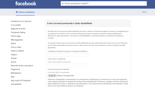 formulario de cuenta de facebook prohibido